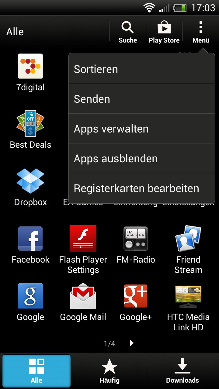 Der App-Drawer, das HauptmenÃ¼, des HTC One X+