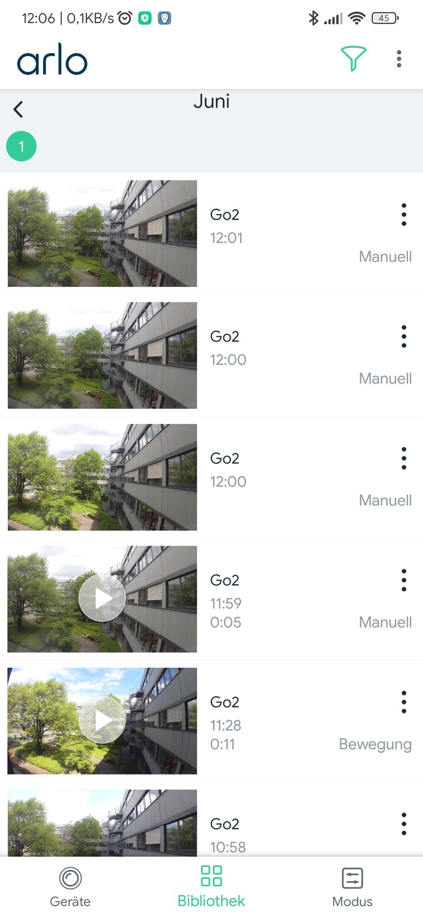 Arlo Go 2: Unter Bibliothek finden sich die Aufnahmen.