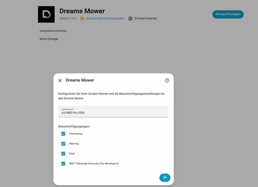 Dreame A3 AWD Pro 3500: Für Home-Assistant gibt es eine community-basierte Integration, die allerdings an die Dreame-Cloud gekoppelt ist. Eine lokale Ansteuerung ist nicht möglich. Mit der Integration hat man Zugriff auf viele Betriebsdaten wie dem Akku-Status und dem Mähfortschritt.