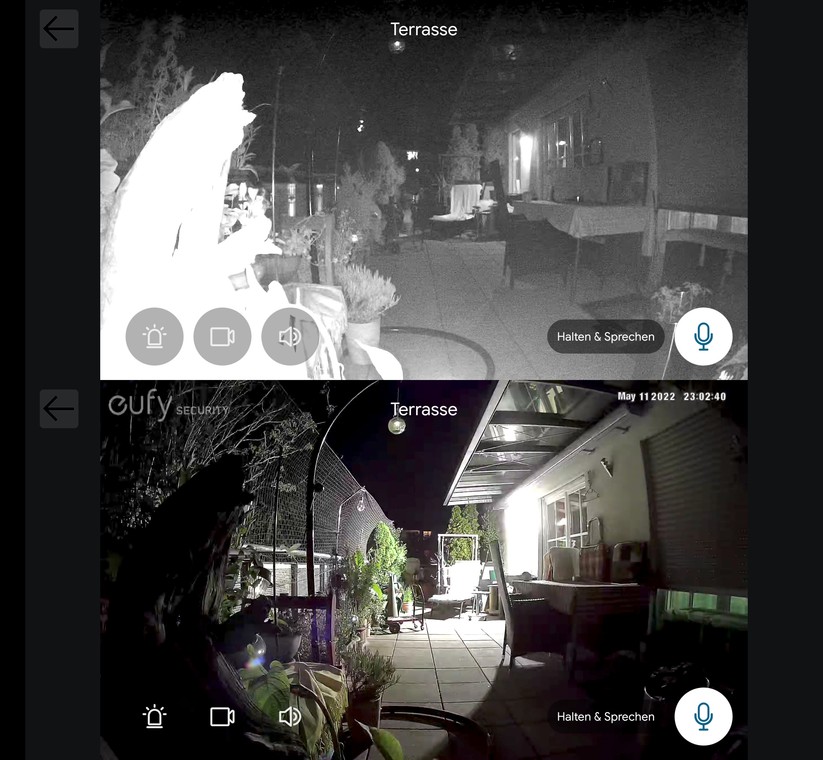 Von der starken Leuchtkraft einer Flutlicht-Kamera können auch andere Überwachungskameras in der Nacht profitieren und Videos in Farbe aufnehmen. Wo viel Licht ist, gibt es aber auch viel Schatten: Daher ist bei voller Beleuchtung und farbiger Nachtsicht im Schattenbereich rechts unten nur noch wenig zu erkennen. 