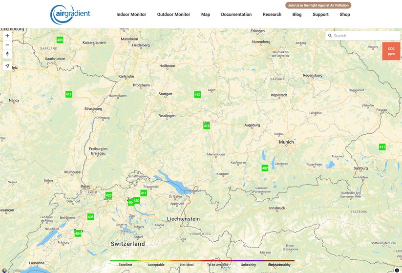 Air Gradient Open Air: Web-Dashboard und Landkarte mit Messwerten 