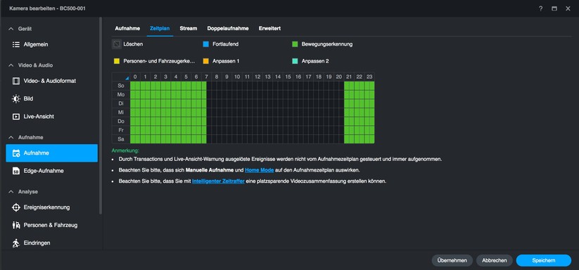Synology BC500: Die Überwachungskamera zeichnet Videos standardmäßig kontinuierlich auf. Alternativ können Anwender eine ereignisbasierte Aufnahme konfigurieren.
