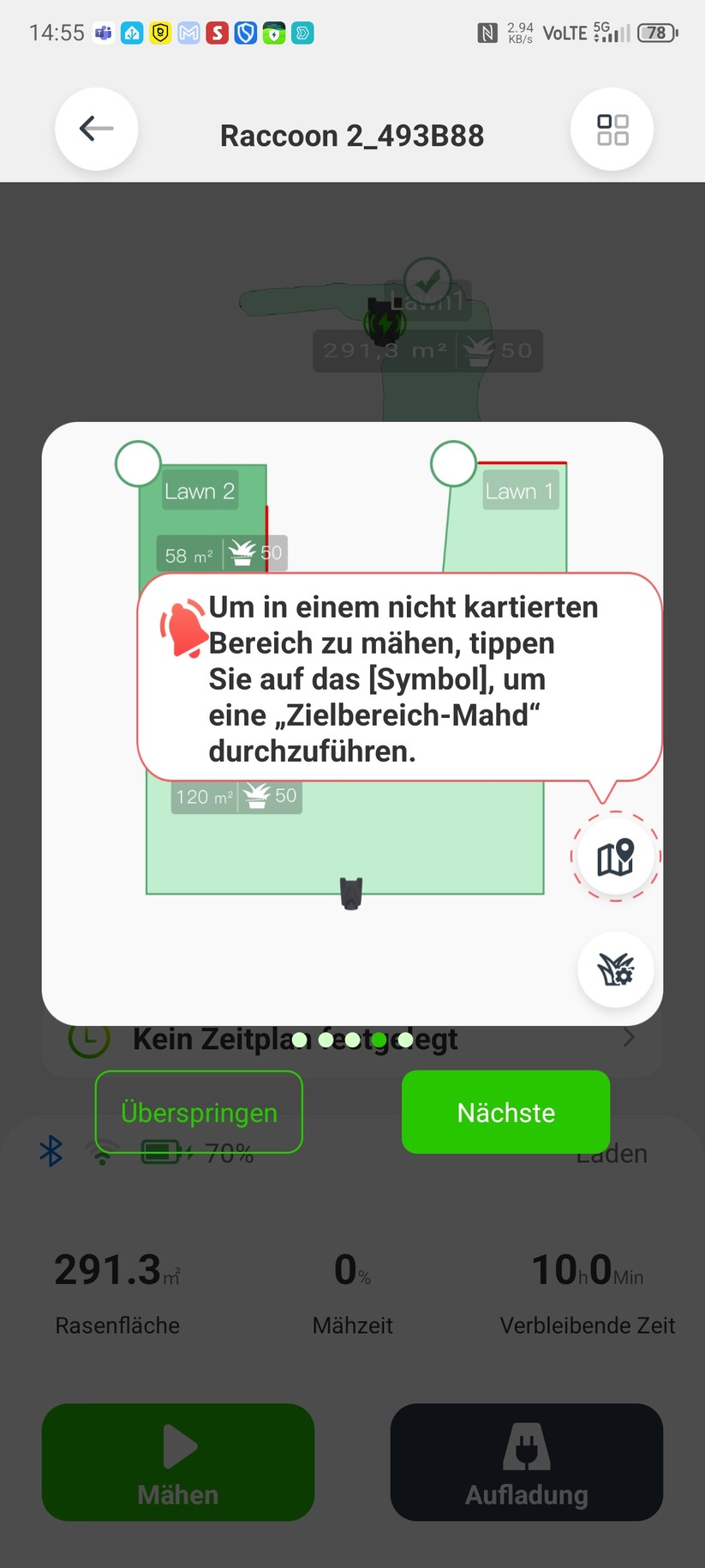 Roboup Raccoon 2 SE: Die Roboup-App liegt auf Deutsch und ist übersichtlich, sodass man den Mähroboter leicht konfigurieren und Zeitpläne erstellen kann.