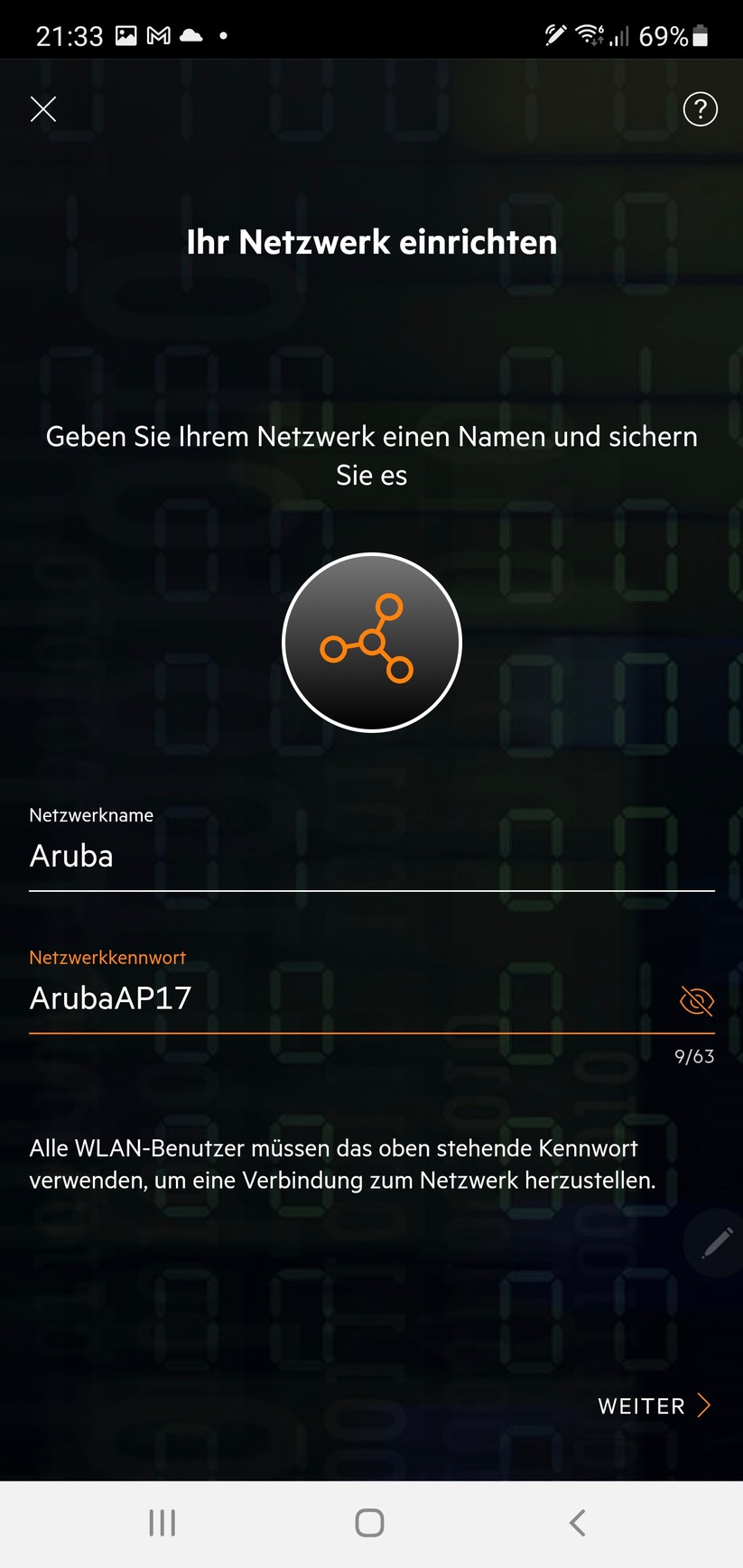 Wir geben einen Netzwerknamen (Aruba) und einen WLAN-Netzwerk-Schlüssel (ArubaAP17) ein. Im echten Leben sollte man da aber kompliziertere Namen wählen.