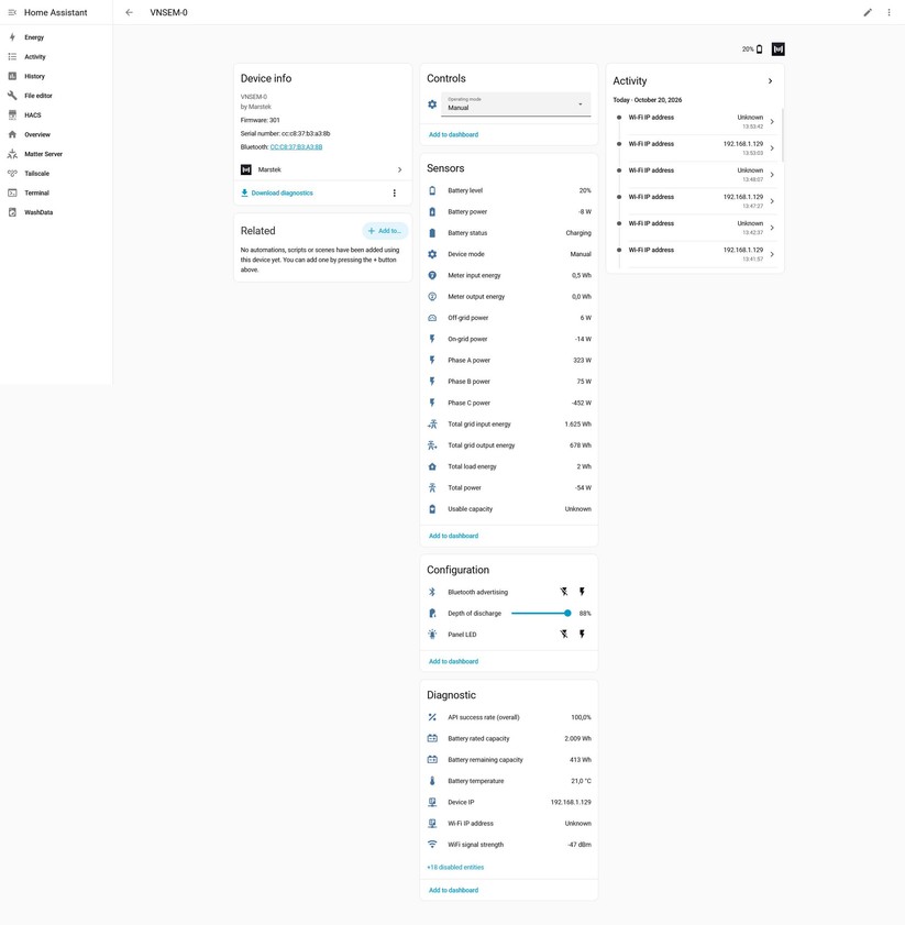 Die Integration in Home Assistant liefert umfangreiche Telemetrie und Moduswechsel funktionieren bereits lokal. Für eine vollständige Home-Assistant-/HEMS-Regelung muss die Leistungssteuerung noch zuverlässiger werden.