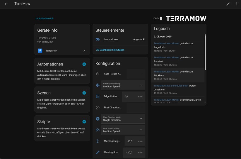 Dank einer Integration kann man den Terramow V1000 auch in Home Assistant integrieren.