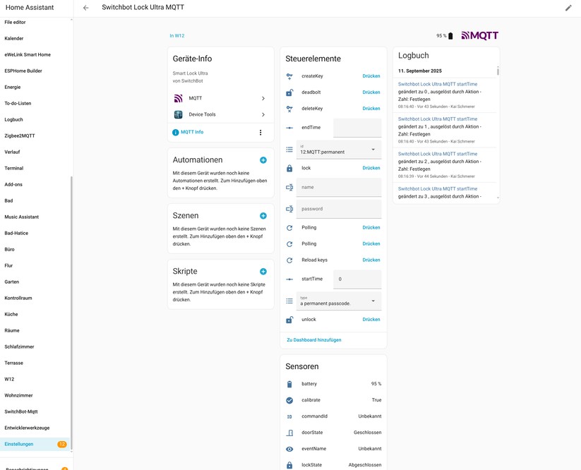 Switchbot Lock Ultra: Die Integration in Home Assistant ist über die Cloud, Bluetooth, Matter und MQTT möglich. Über MQTT wird auch das Ziehen der Falle angeboten. Allerdings funktioniert das nicht korrekt. Scheinbar wird die Kalibrierung über MQTT bei diesem Befehl nicht berücksichtigt. 