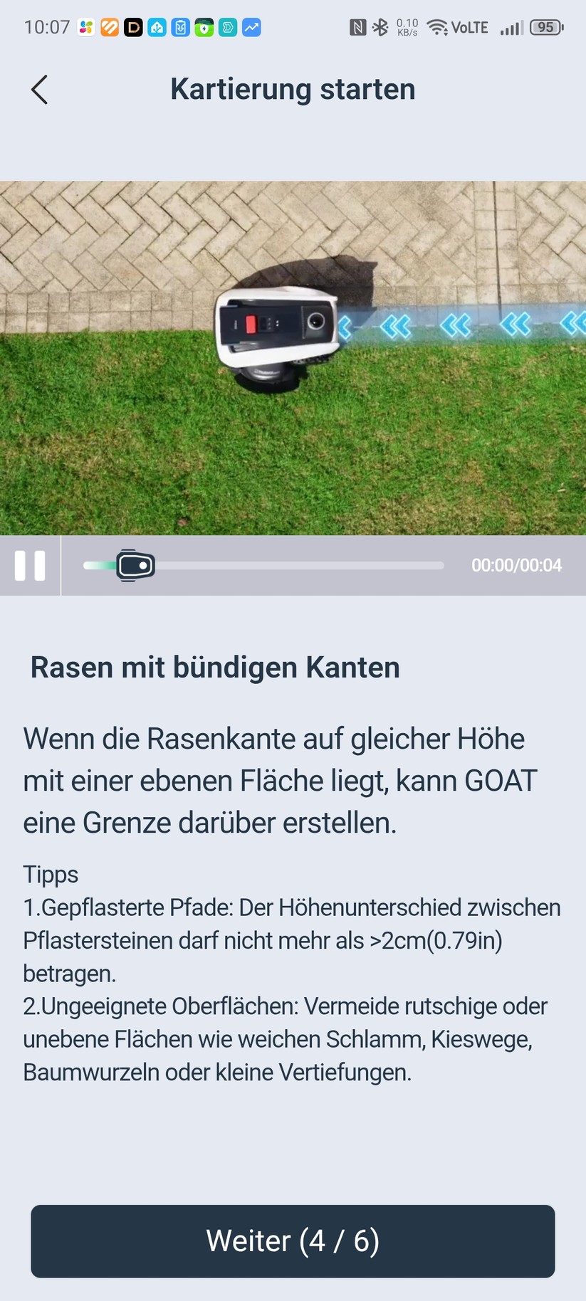 Die Ecovacs-App ist übersichtlich und einfach zu bedienen. Sie erlaubt die Einstellung wichtiger Mäh-Parameter und bietet viele Hilfestellungen, etwa für die Kartierung.