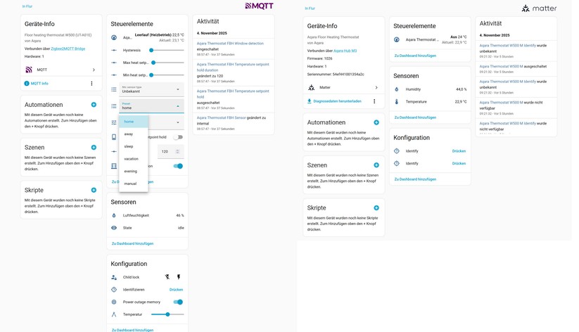 Mit Zigbee stehen auch unter Home Assistant nahezu sämtliche Funktionen des Thermostats zur Verfügung, die es in Kombination mit dem Aqara-Hub M3 bietet. Allerdings ist die Konfiguration etwas aufwendiger. Das Gleiche gilt für den Climate Sensor W100.