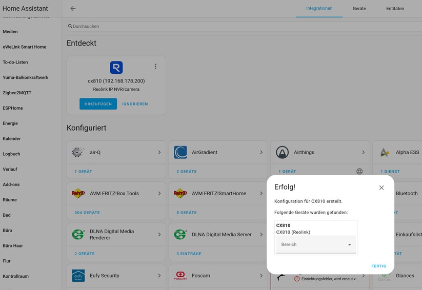 Reolink CX810: Die Integration in Home Assistant ist vorbildlich. Sämtliche Funktionen der Kamera stehen zur Verfügung.