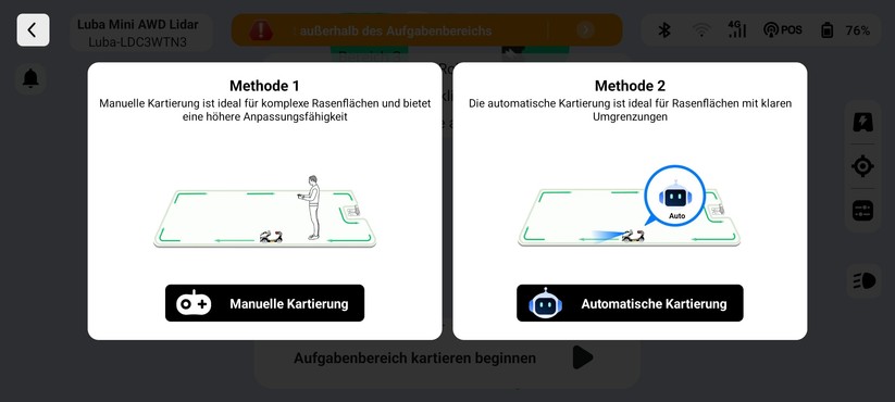 Luba Mini AWD Lidar: Die automatische Kartierung empfiehlt Mammotion nur für Rasenflächen mit einer klaren Umgrenzung. Wir raten wegen der höheren Genauigkeit grundsätzlich zur manuellen Kartierung.