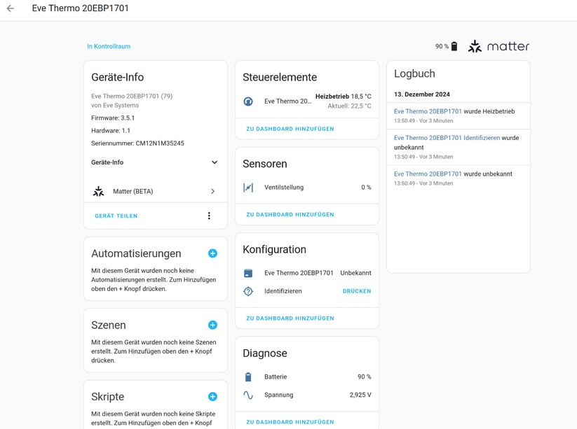  Unter Home Assistant kann man Heizpläne über Automatisierungen realisieren. Daten zur Ventilstellung zeigt Home Assistant als einzige Matter-Zentrale immerhin an.