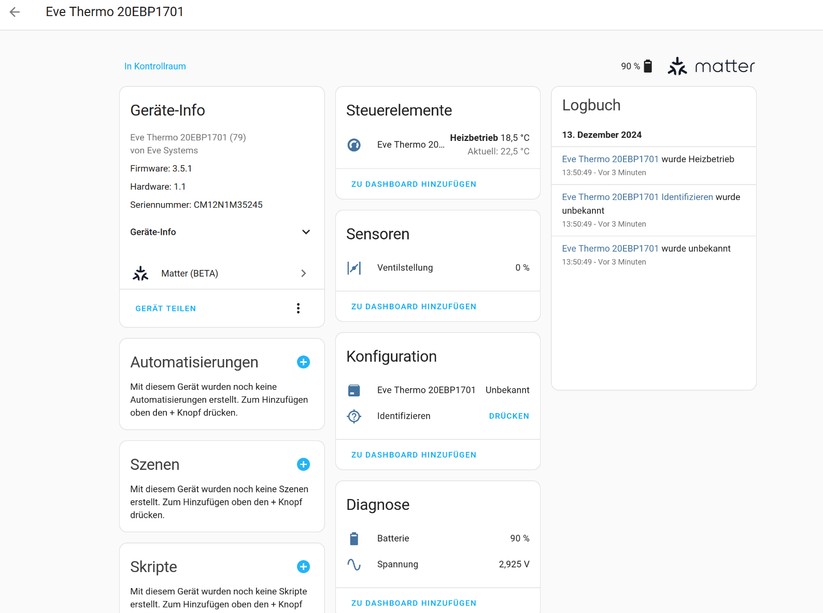 Eve Thermo: Unter Home Assistant kann man Heizpläne über Automatisierungen realisieren. Daten zur Ventilstellung zeigt Home Assistant als einzige Matter-Zentrale immerhin an.