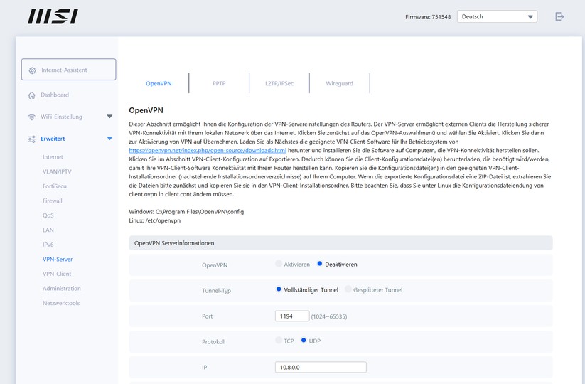 MSI Roamii BE Lite – Weboberfläche