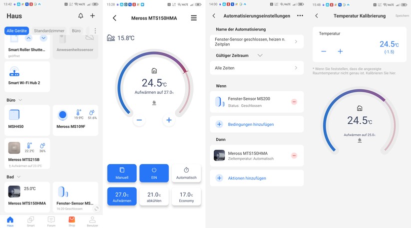 Die Meross-App ist übersichtlich und erlaubt das Erstellen von Automatisierungen, etwa für das Ausschalten der Heizung bei einem offenen Fenster.