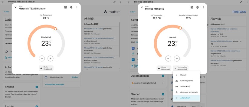 Meross MTS215B: Die Integration über Matter in ein Smart-Home-System bietet nur rudimentäre Funktionen. Für Home Assistant gibt es allerdings eine lokale Integration, mit der man das Meross-Thermostat umfassend steuern kann. Blueprints halten dabei den Aufwand in Grenzen.
