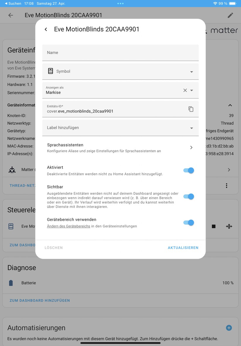 Eve Blinds Collection: Über Apple Home verbinden wir per Matter das Rollo auch mit Home Assistant. Damit lassen sich smarte Automatisierungen, etwa auf Basis eines Helligkeitssensors erstellen.