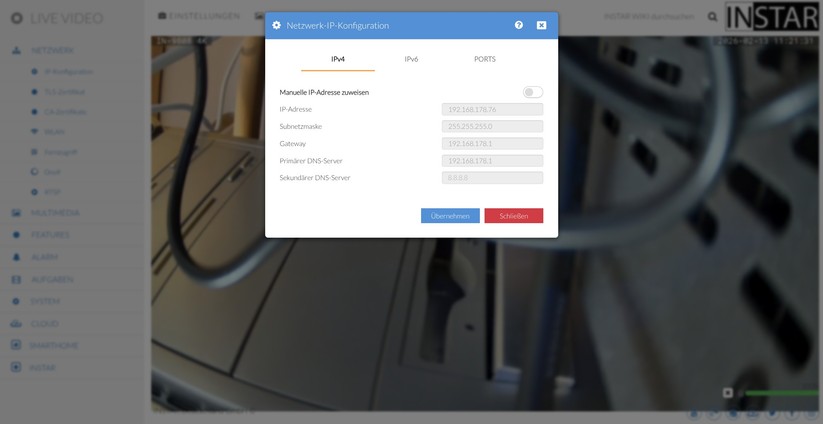 Die Konfiguration der IN-9808 4K erfolgt wahlweise über die App Instar Vision oder die Weboberfläche. Während sich grundlegende Funktionen bequem per App einrichten lassen, stehen erweiterte Optionen wie Onvif und MQTT nur über das Webinterface zur Verfügung.