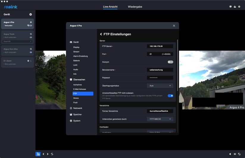 Argus 4 Pro: Reolink bietet auch eine leistungsfähige Desktop-App, mit der man etwa einen FTP-Upload und auch eine E-Mail-Benachrichtigung konfigurieren kann. 