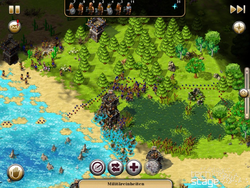 Die rote Linie markiert unsere Grenze, die blaue die der Gegner. Hier treffen wir aufeinander – und es gibt sofort einen Kampf.