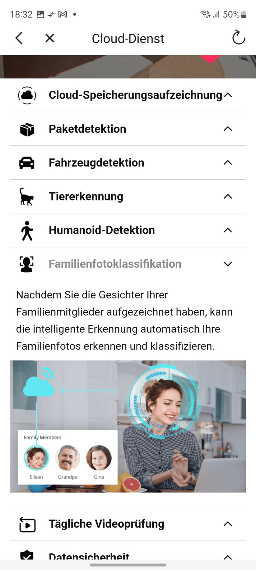 Foscam C5M 3K: Standardmäßig erkennt die Überwachungskamera Personen und Tiere. Weitere Erkennungsfunktionen bietet das kostenpflichtige Cloud-Abo.