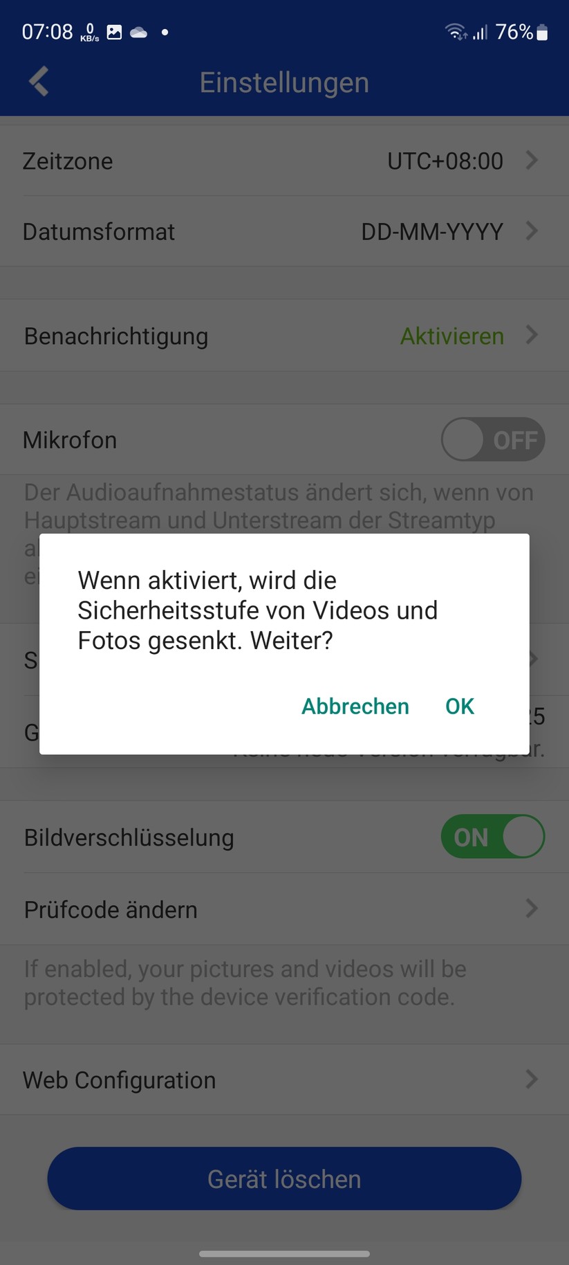 Annke NCD800 (I91BI): Einstellungsmöglichkeiten in der App Annke Vision