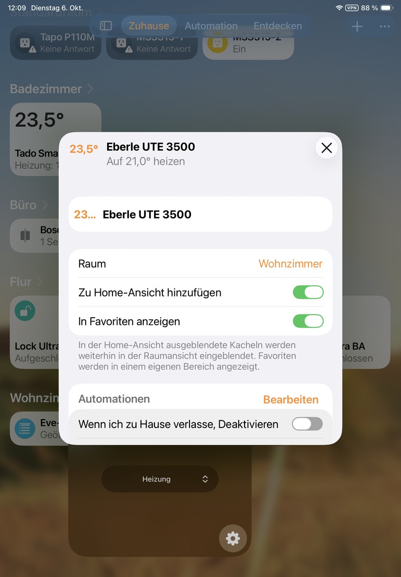 Das Eberle UTE-3500 lässt sich auch mit Apple Home Steuern. Allerdings wird der Wärmebedarf nicht dargestellt. Diese Daten kann man aber mit Home Assistant abrufen.