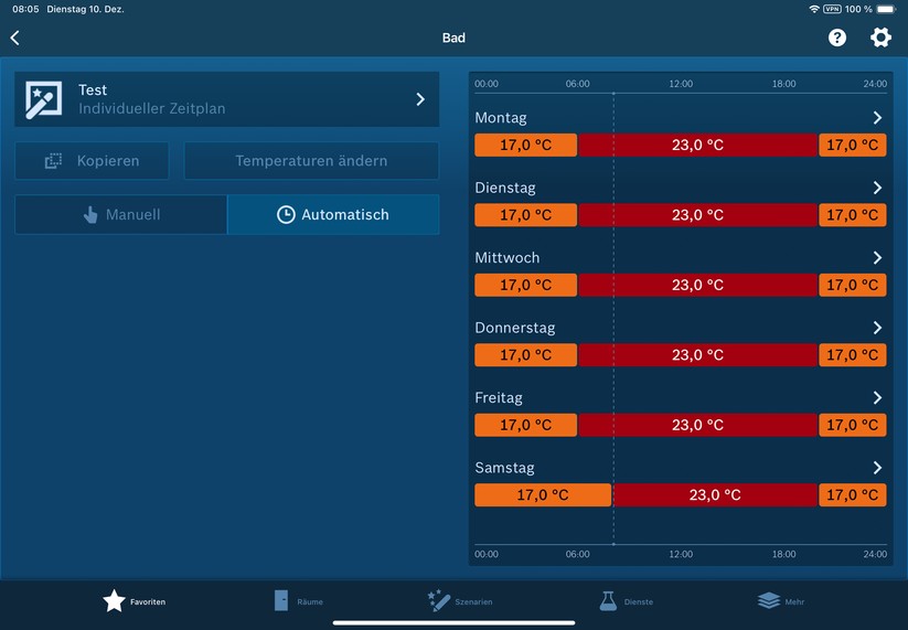 Die Bosch Smart Home App ist auch für Tablets optimiert. Sie ist übersichtlich und lässt sich in der Regel leicht bedienen. Etwas umständlich ist allerdings, dass man das Thermostat nicht auf der Geräteseite ein- und ausschalten kann. Stattdessen muss man dafür den Klimamanager und die Option Heizpausen & Kühlen verwenden.