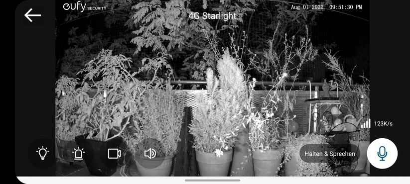 Eufy 4G LTE Starlight: Schwarz-Weiß-Nachtaufnahme