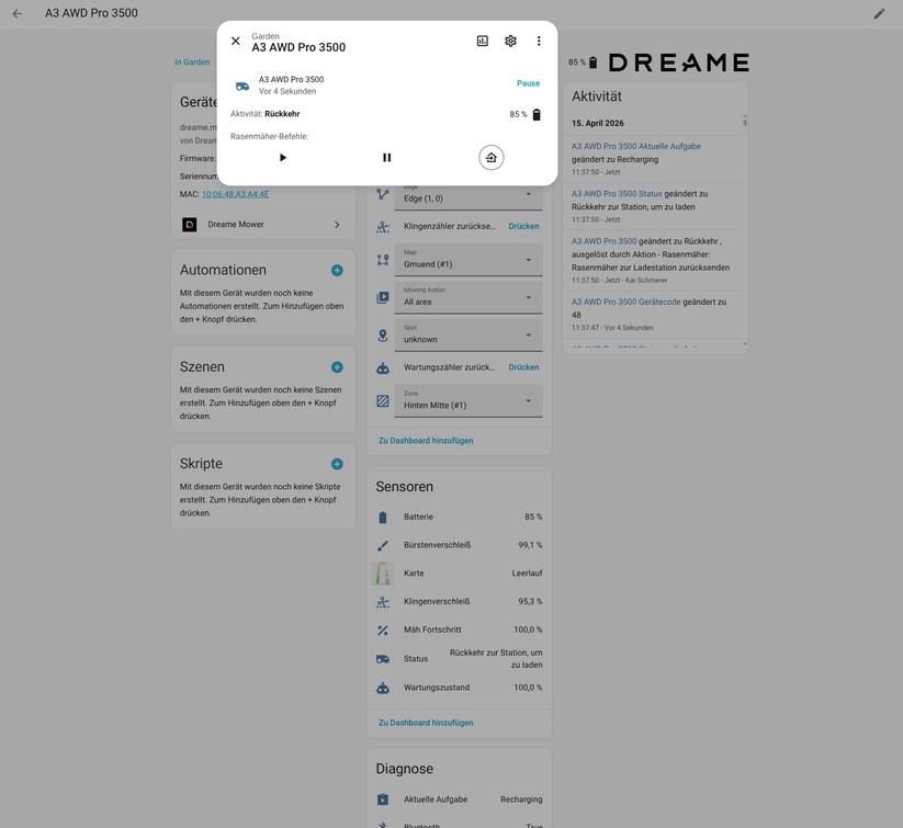 Dreame A3 AWD Pro 3500: Für Home-Assistant gibt es eine community-basierte Integration, die allerdings an die Dreame-Cloud gekoppelt ist. Eine lokale Ansteuerung ist nicht möglich. Mit der Integration hat man Zugriff auf viele Betriebsdaten wie dem Akku-Status und dem Mähfortschritt.