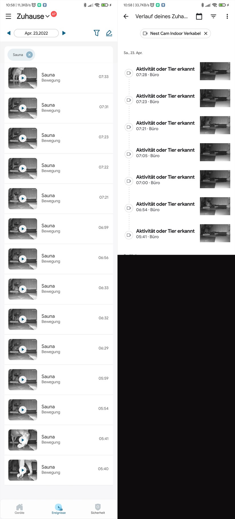 Die Nest Cam erfasst zwischen 5:40 und 7:33 Uhr sieben Bewegungen unserer Hauskatze. Bei der Eufycam 2 Pro sind es doppelt so viele.