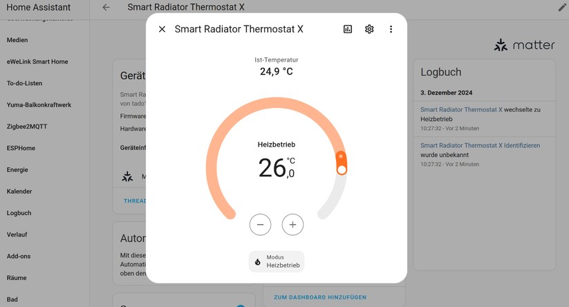 Auch unter Home Assistant funktioniert Tado X. Über Matter stehen allerdings nur wenige Funktionen zur Verfügung. Heizpläne lassen sich aber über Automatisierungen nachbilden. Und mit einem Tür-/Fenster-Sensor können Anwender eine deutlich effizientere Methode zur Fenster-Offen-Erkennung umsetzen als die auf einem Temperaturabfall basierende Methode in der Tado-App.