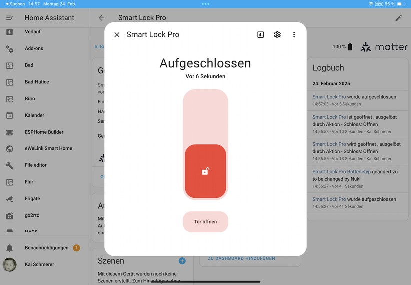 Dank Support von Matter 1.2 gelingt unter Home Assistant auch das Öffnen der Tür. Das gelingt auch mit Homey Pro, aber derzeit nicht mit anderen Smart-Home-Zentralen, die wie Apple Home nur einen älteren Matter-Standard unterstützen.