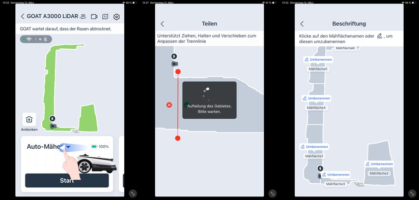 Ecovacs-App: Die Aufteilung in Zonen ist möglich und bei einem großen Garten mit unterschiedlichen Flächen auch sinnvoll, da man je Zone die optimale Mährichtung einstellen kann.