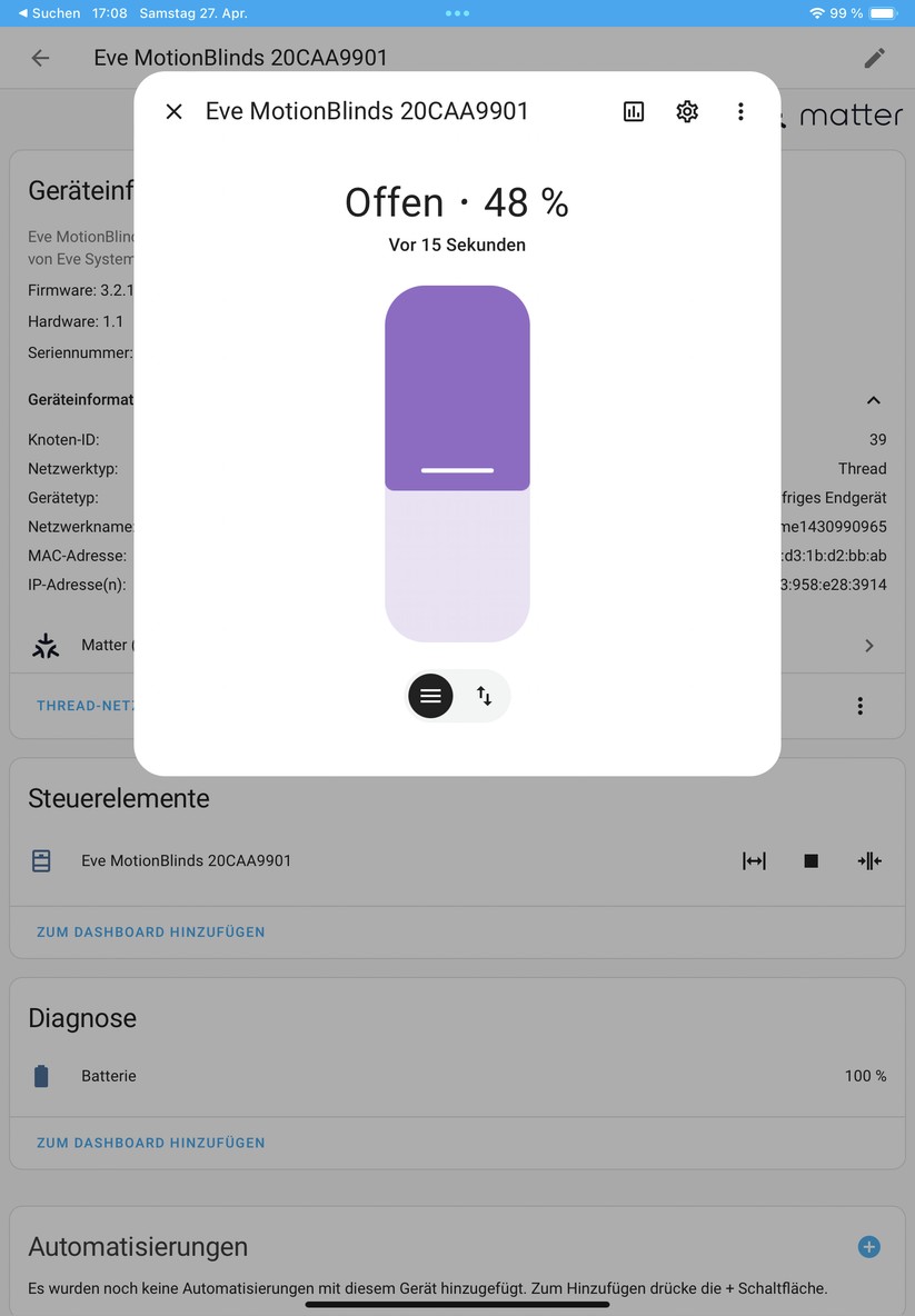 Eve Blinds Collection: Über Apple Home verbinden wir per Matter das Rollo auch mit Home Assistant. Damit lassen sich smarte Automatisierungen, etwa auf Basis eines Helligkeitssensors erstellen.