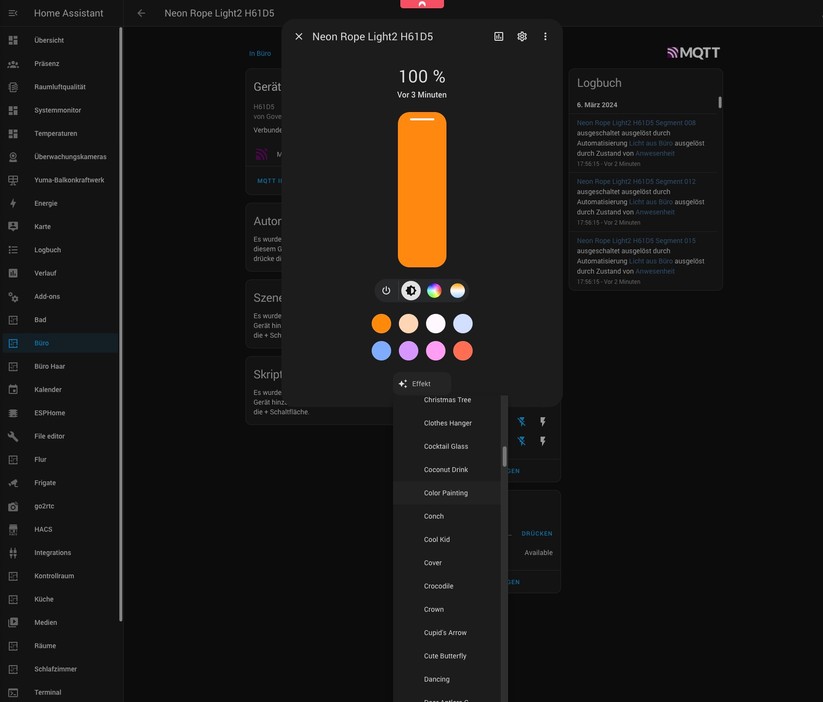 Govee Neon Rope Light 2: Über Govee2MQTT stehen unter Home Assistant sämtliche Konfigurationsmöglichkeiten zur Verfügung.