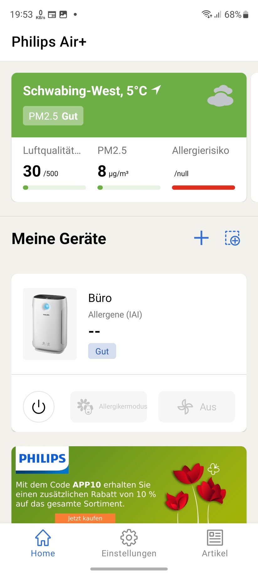 Philips AC3033/10: App, Einrichtung, Einstellungen