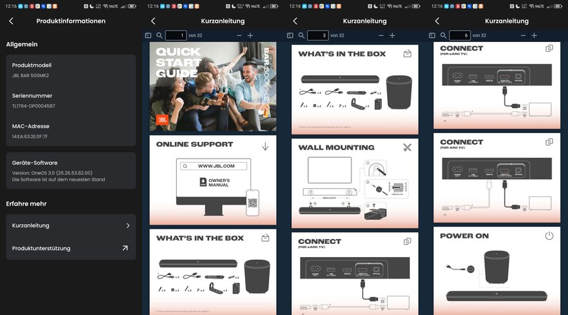 Mit der App JBL One, die keine Registrierung erfordert, wird die Bar 500MK2 konfiguriert. Sie integriert außerdem die Kurzanleitung, sodass man alle wesentlichen Informationen schnell zur Hand hat.