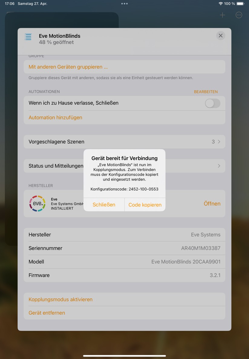 Eve Blinds Collection: Über Apple Home verbinden wir per Matter das Rollo auch mit Home Assistant. Damit lassen sich smarte Automatisierungen, etwa auf Basis eines Helligkeitssensors erstellen.