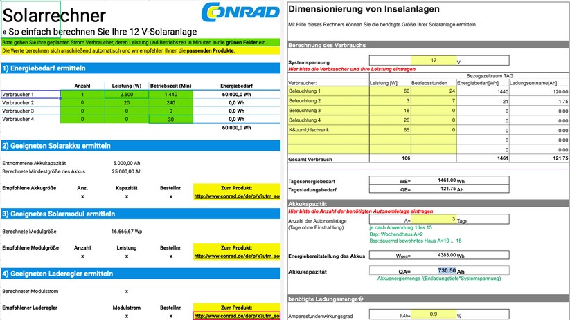 Zahlreiche kostenlose Tools helfen bei der Planung der Solaranlage. Links das Online-Tool von Conrad, rechts das von Pro-Umwelt.