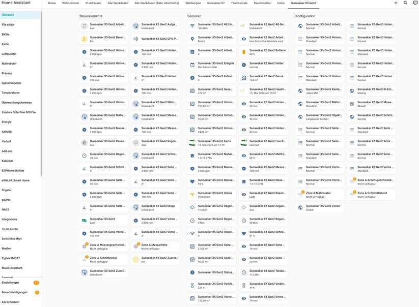 Die Community-Integration für Home Assistant informiert detailliert über die Betriebsparameter, inklusive Real-Time-Karten, Mähfortschritt, Akkuverbrauch et cetera.