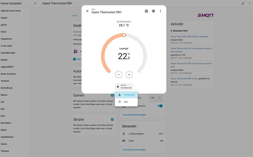 Mit Zigbee stehen auch unter Home Assistant nahezu sämtliche Funktionen des Thermostats zur Verfügung, die es in Kombination mit dem Aqara-Hub M3 bietet. Allerdings ist die Konfiguration etwas aufwendiger. Das Gleiche gilt für den Climate Sensor W100.