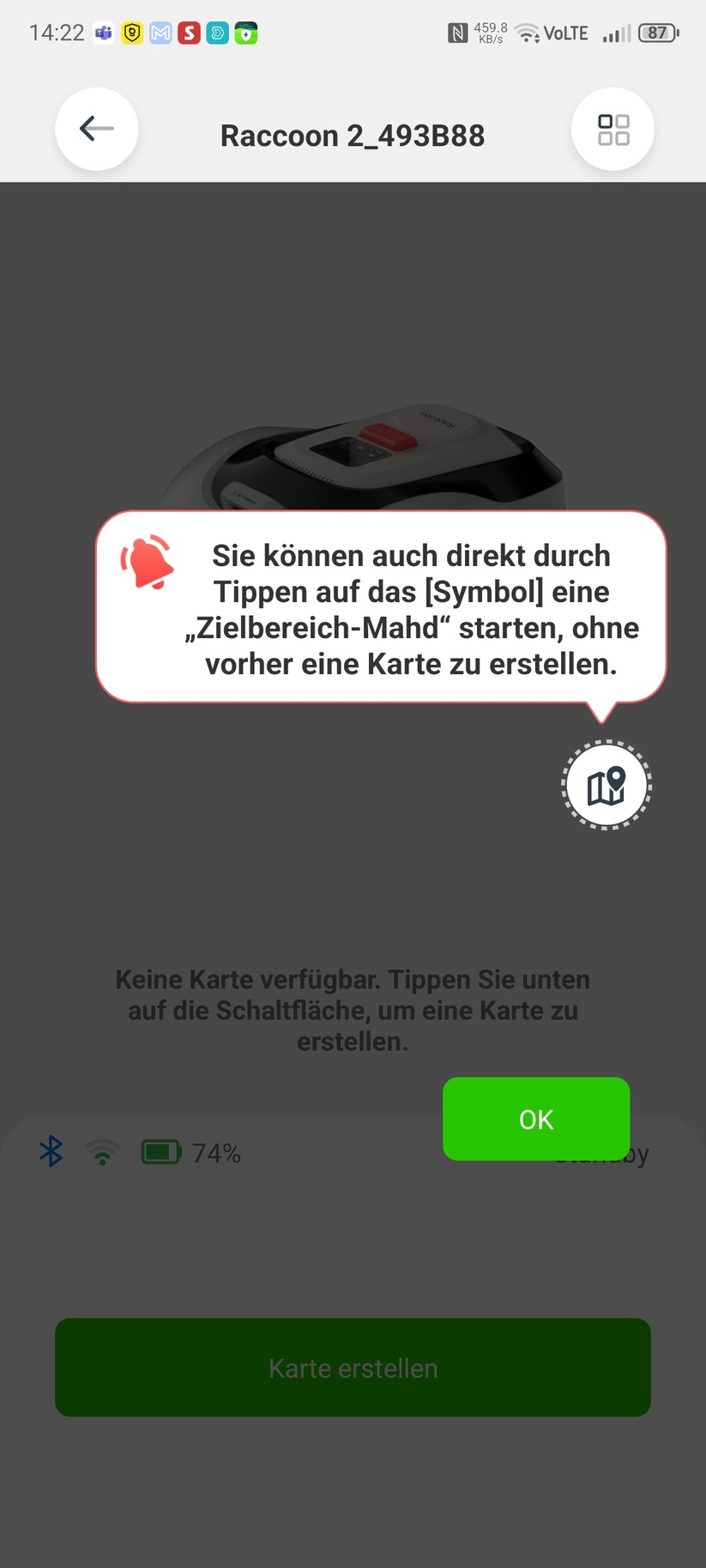 Roboup Raccoon 2 SE: Die Roboup-App liegt auf Deutsch und ist übersichtlich, sodass man den Mähroboter leicht konfigurieren und Zeitpläne erstellen kann.