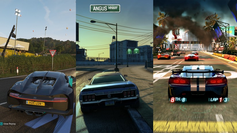 Drei Autospiele aus drei Generationen auf der Xbox One X: Ganz links ist Forza Horizon 4, das komplett für UHD entwickelt wurde. In der Mitte ist die Remastered-Version von Burnout Paradise. Rechts ist die Xbox-360-Version von Split/Second, bei der deutliche Artefakte zu sehen sind. 
