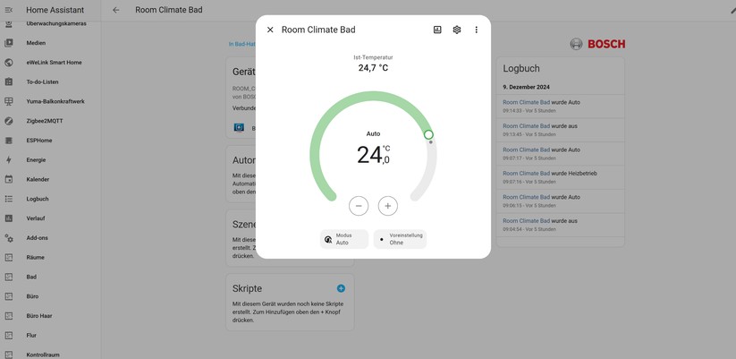 Dank Matter-Unterstützung lassen sich das Bosch-Heizkörperthermostat und der Tür-Fenster-Sensor direkt in Home Assistant einbinden. Die Heizpläne lassen sich mit Automatisierungen abbilden.