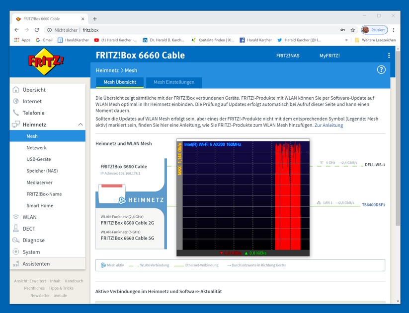 ownload vom Buffalo-NAS-Speicher über die AVM Fritzbox 6660 Cable auf den 11ax-Dell-Tower im 5 GHz-Band: Spitzen bis 1.144 MBit/s. Durchschnitt knapp über 1.000 MBit/s (Bild: Harald Karcher).