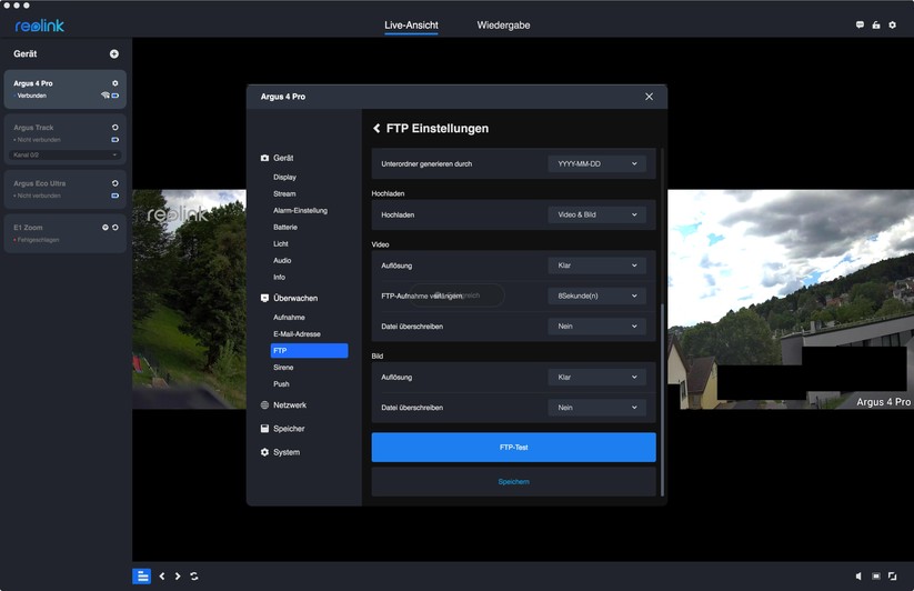 Argus 4 Pro: Reolink bietet auch eine leistungsfähige Desktop-App, mit der man etwa einen FTP-Upload und auch eine E-Mail-Benachrichtigung konfigurieren kann. 