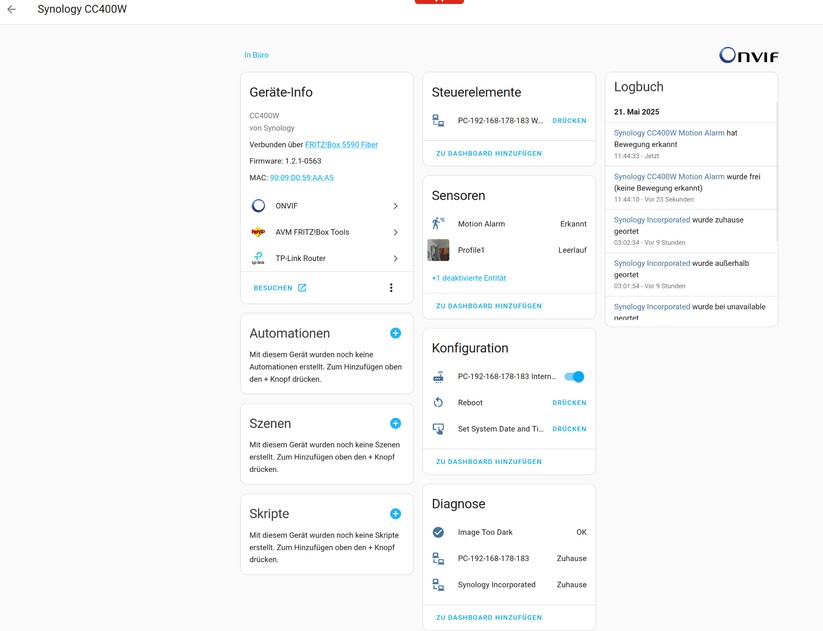 Die CC400W bietet auch einen Zugriff per Browser. Dort kann man sie auch auf Onvif umstellen, um sie etwa mit Home Assistant zu steuern. Allerdings steht sie in diesem Fall nicht mehr unter Synology Surveillance Station zur Verfügung, respektive die Einbindung per Onvif führt dort zu Verbindungsabbrüchen. 