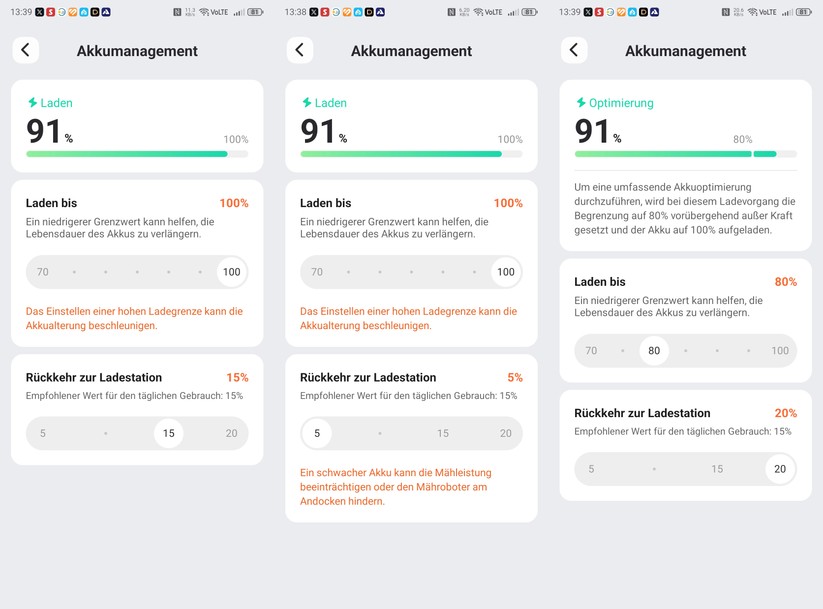 Die Navimow-App erlaubt die Einstellung von unterer und oberer Ladegrenze. Standardmäßig liegen diese bei 15 % und 100 %. Für eine längere Betriebsdauer setzt man die untere auf 5 % und für eine längere Akku-Lebensdauer stellt man 20% und 80 % ein.