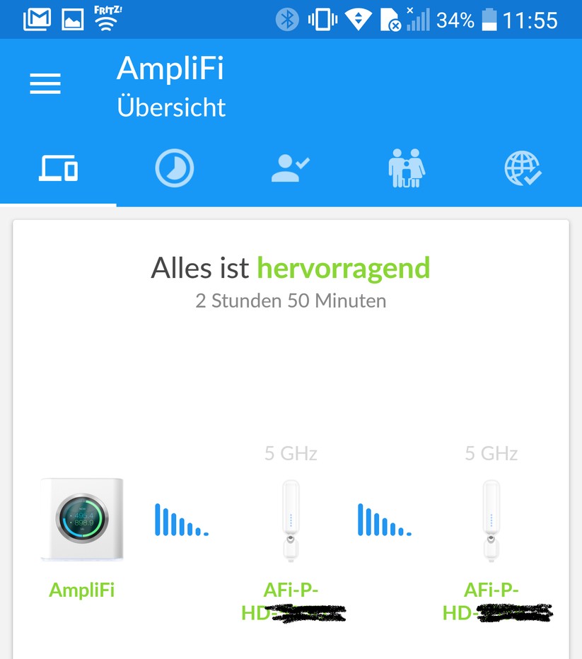 Das Ubiquiti AmpliFi HD Mesh Set schaltet im Test von einer Stern-Konfiguration (mit dem zentralen Router in der Mitte) automatisch zu einer Multi-Hop-Konfiguration (mit dem AmpliFi-Router am linken Ende) um (Bild: Harald Karcher).